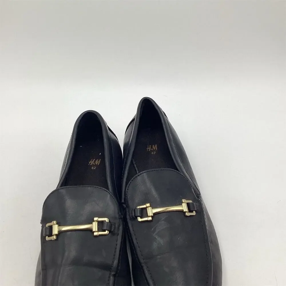 H&M Unisex Black Leather Loafers Gold Accent‎ Size 42